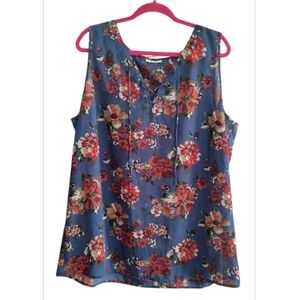 Floral Sleeveless Top - Blue and Red